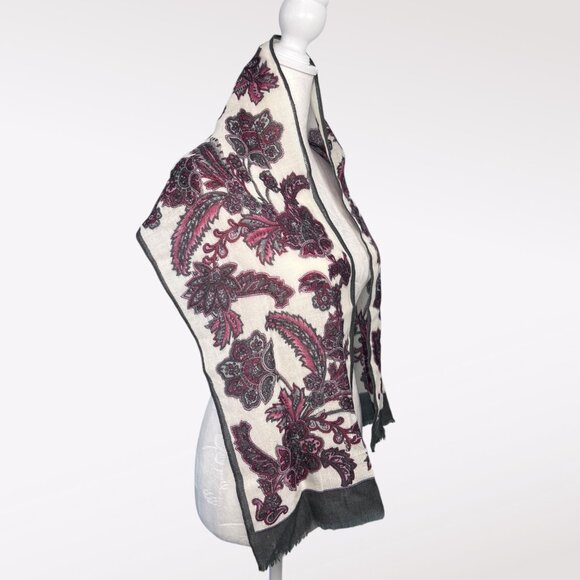 Vintage Floral Print Wool Blend Rectangle Scarf Gray Red White - Picture 5 of 7